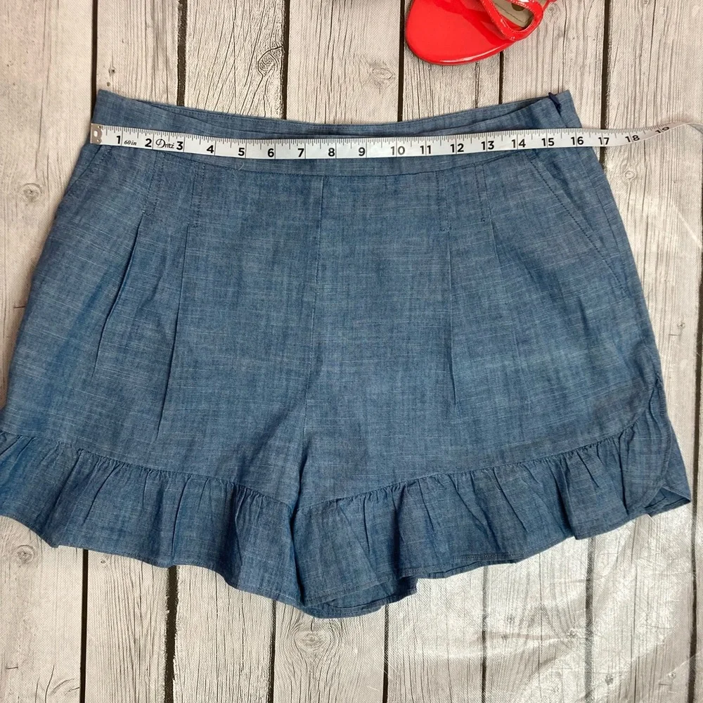 J. Crew Chambray High-Waist Ruffle-Hem Shorts in Light Blue